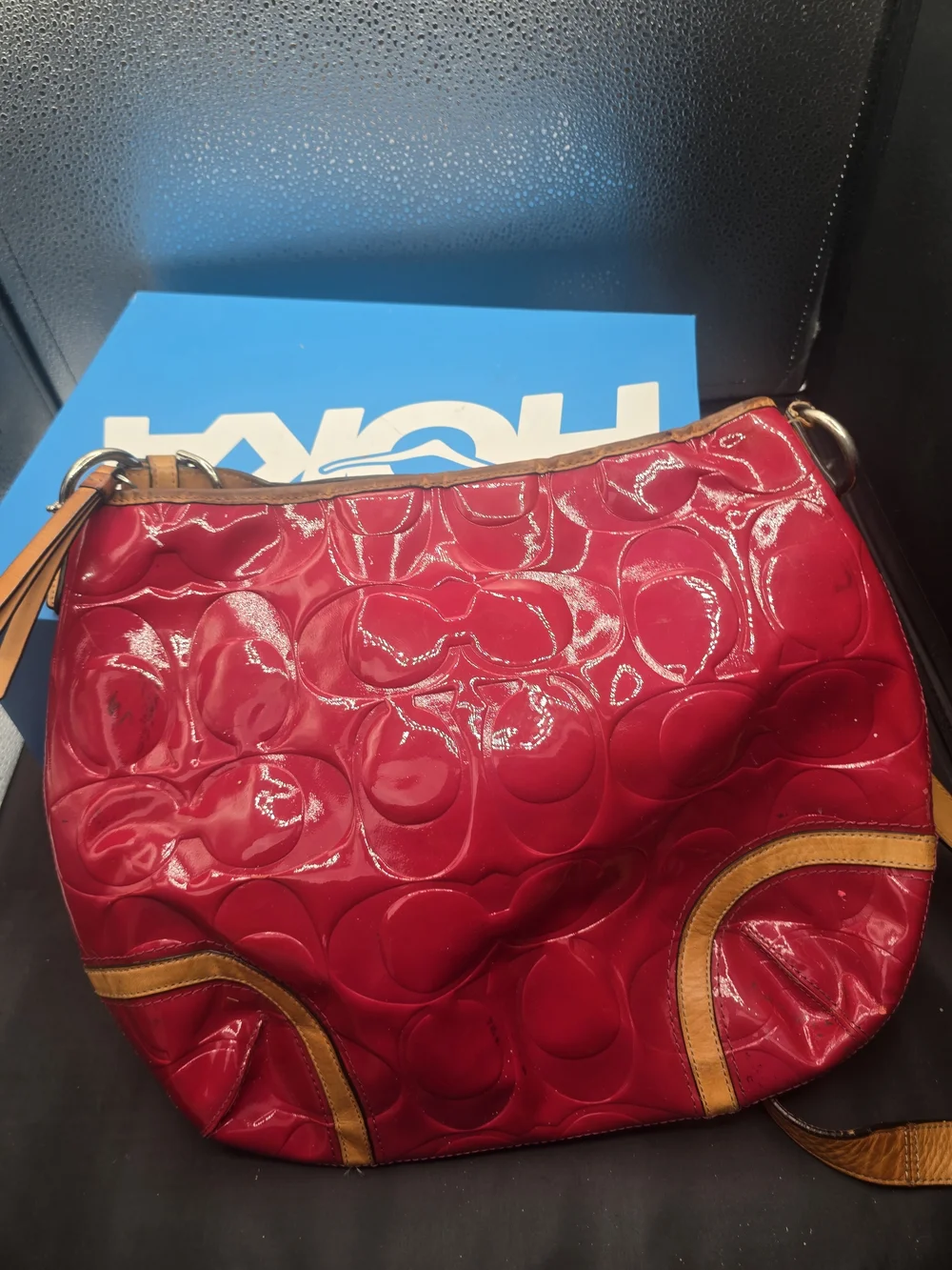 Coach Glossy Red Patent Signature Shoulder Bag with Tan Trim‎